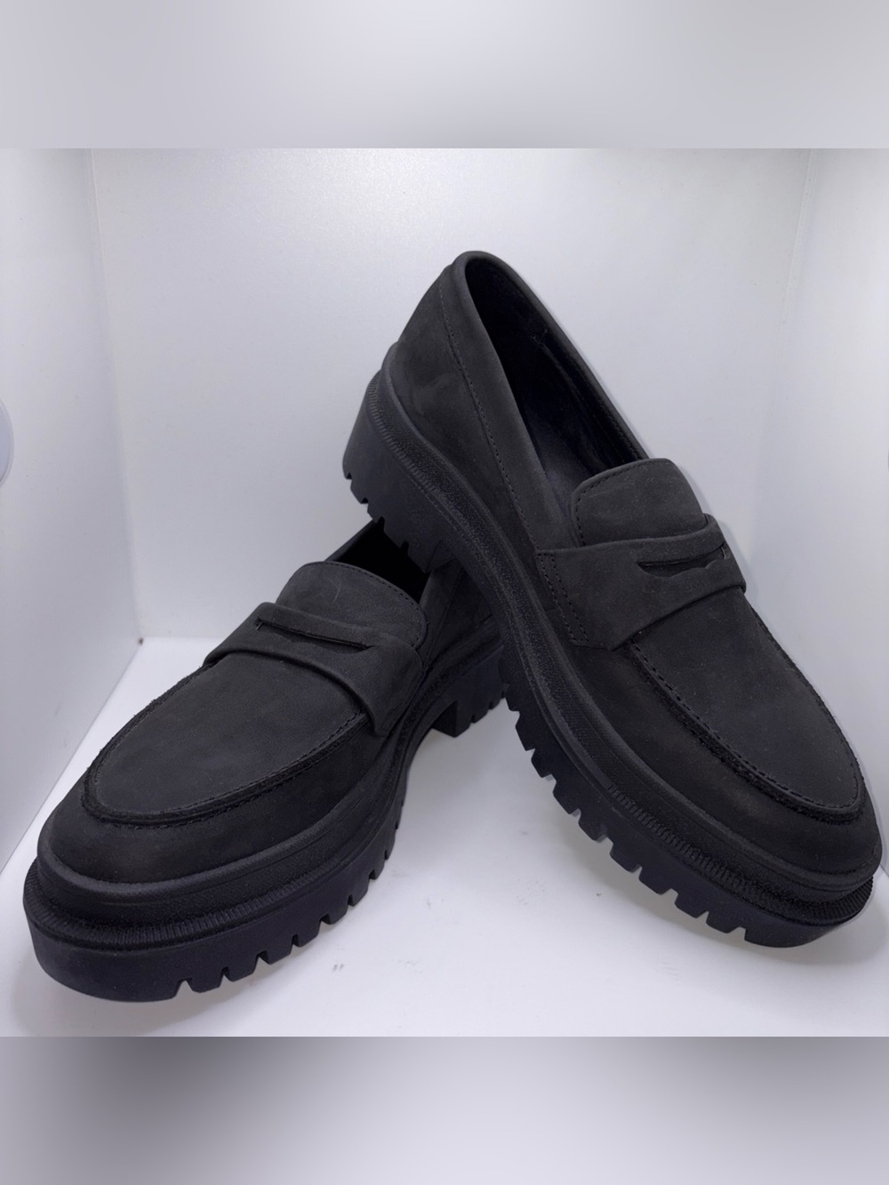 Patina Portland Leather Suede Zoe Loafers Chunky Platform Black Wmn Sz 9.5 NWOB
